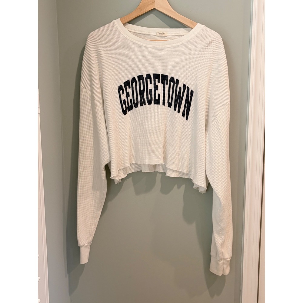 Georgetown White Waffle Knit Cropped Long Sleeve Thermal Top John Galt One Size